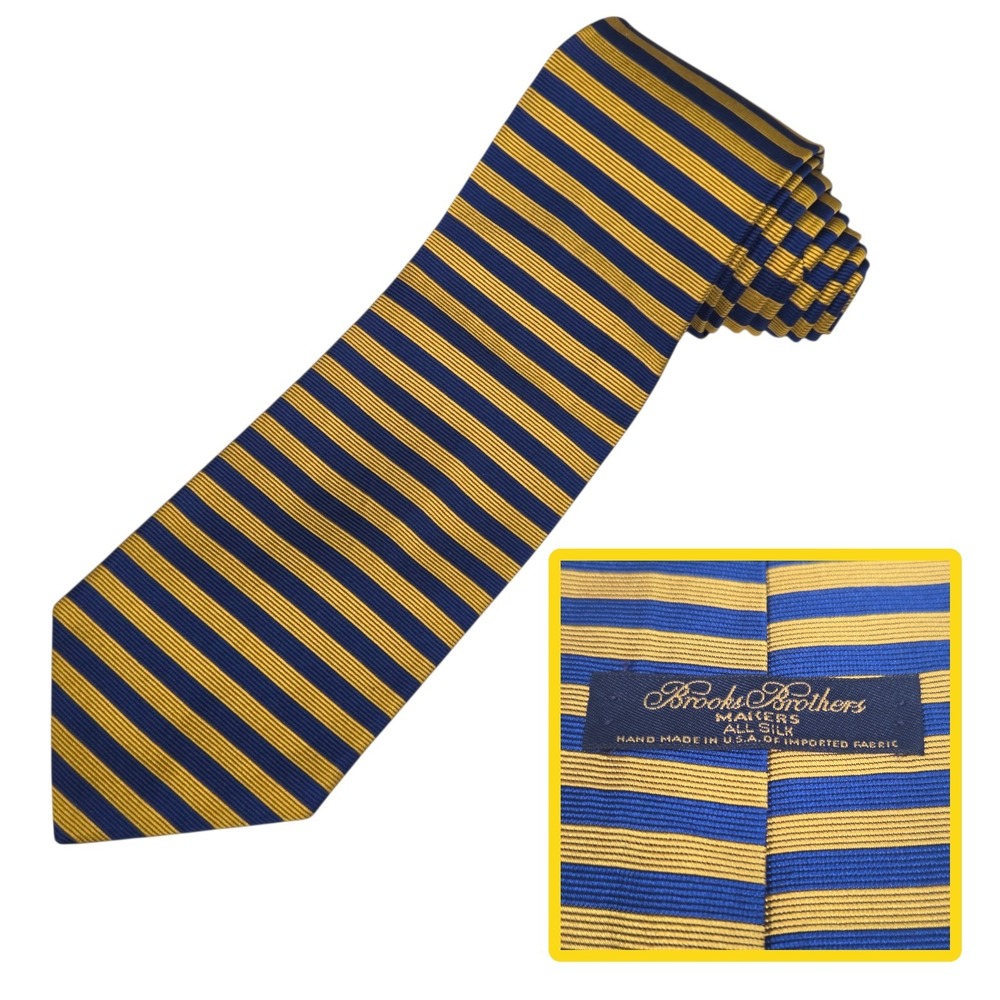 Vtg Brooks Brothers‎ Makers Mens Silk Repp Tie Gold Blue Stripe Made in USA